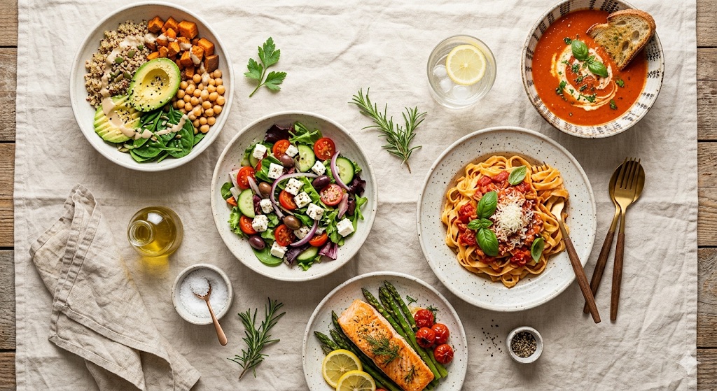 Five diverse plated meals