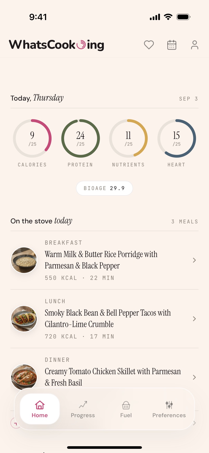 The WhatsCook.ing home screen showing four pillar rings, a BioAge of 29.9 and the day's three planned meals