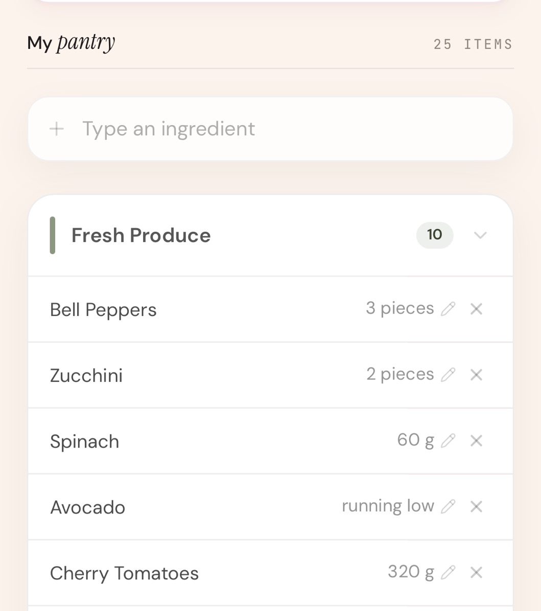 The pantry list showing Fresh Produce items, each with its tracked quantity