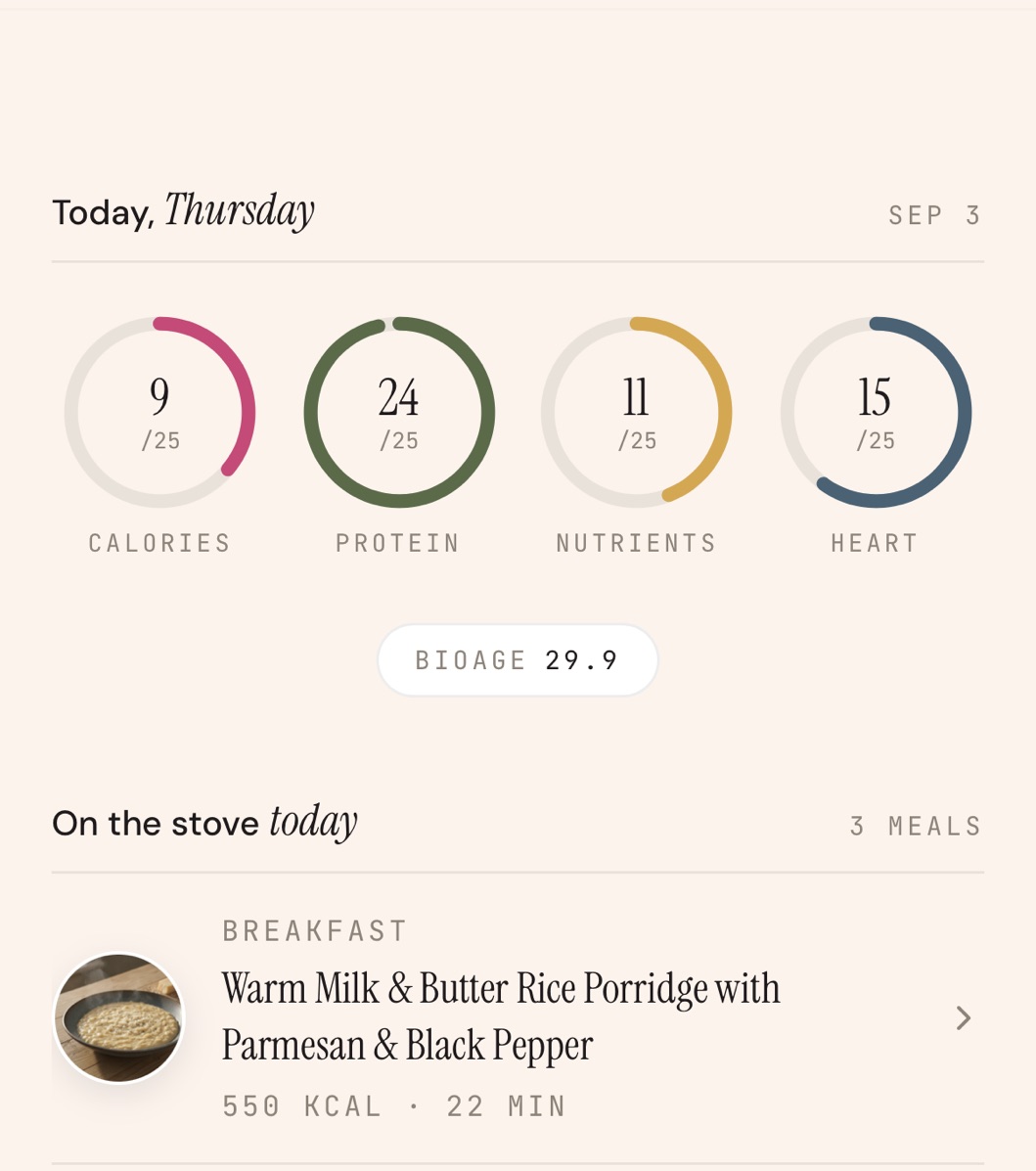 The four pillar rings on the home screen: calories, protein, nutrients and heart, each scored out of 25