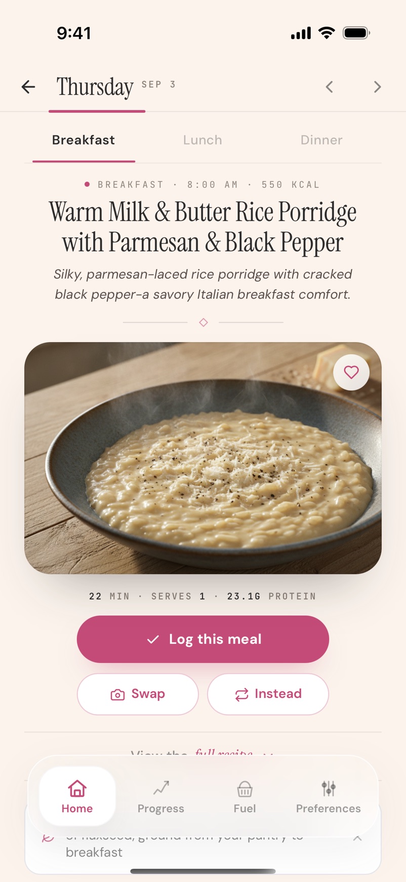 A breakfast recipe with its photography, timing, serving size and 23.1g protein, with Log this meal, Swap and Instead actions